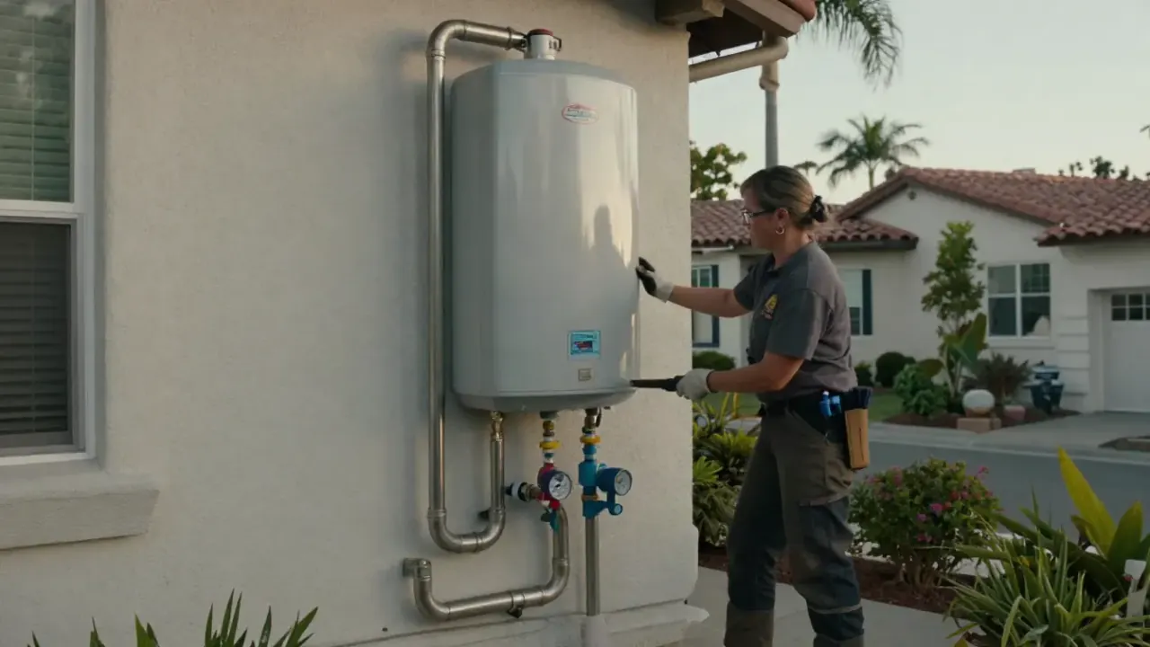 Tankless Water Heater in Newport Beach, California: wide shot of a neatly installed, shiny new tankless water heater mounted